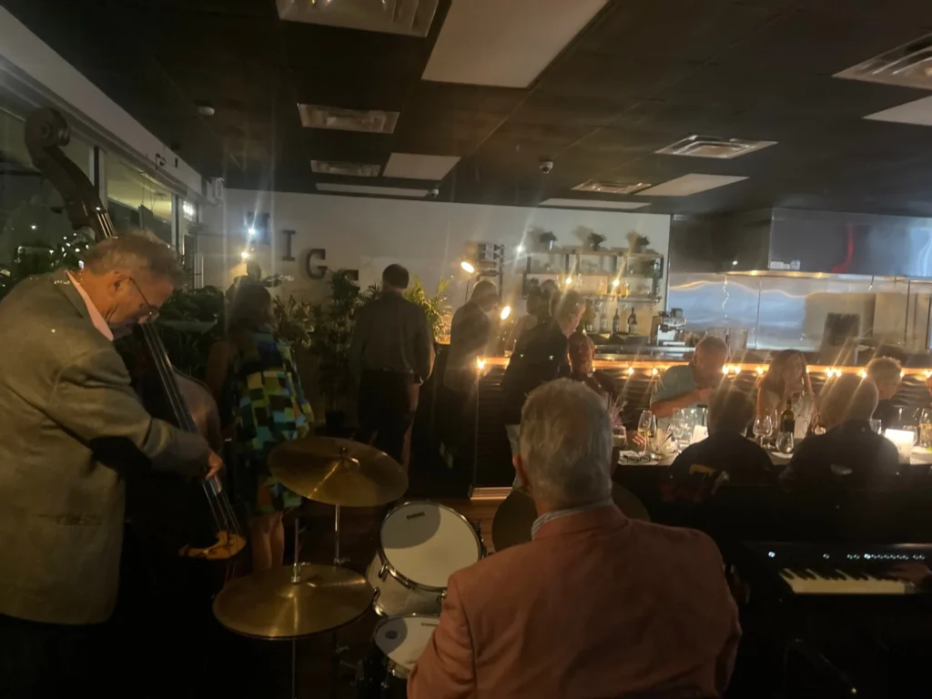 Live jazz in the dining room, with the open kitchen behind