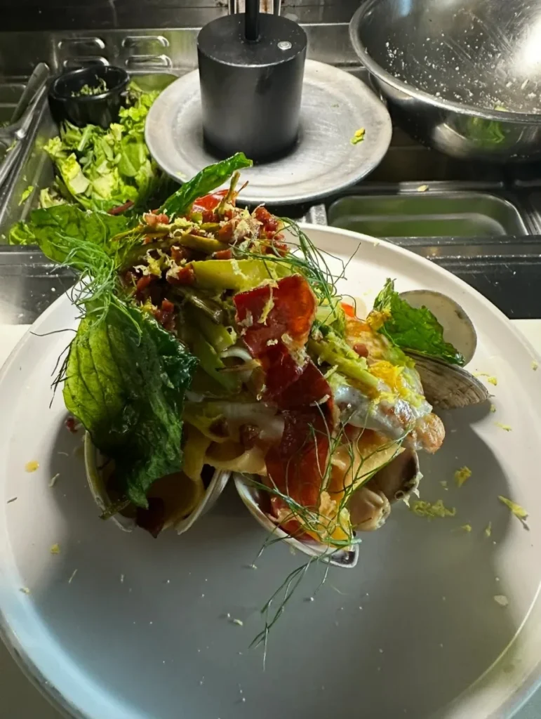 Scottish salmon with clams, handmade pappardelle, chorizo and fennel