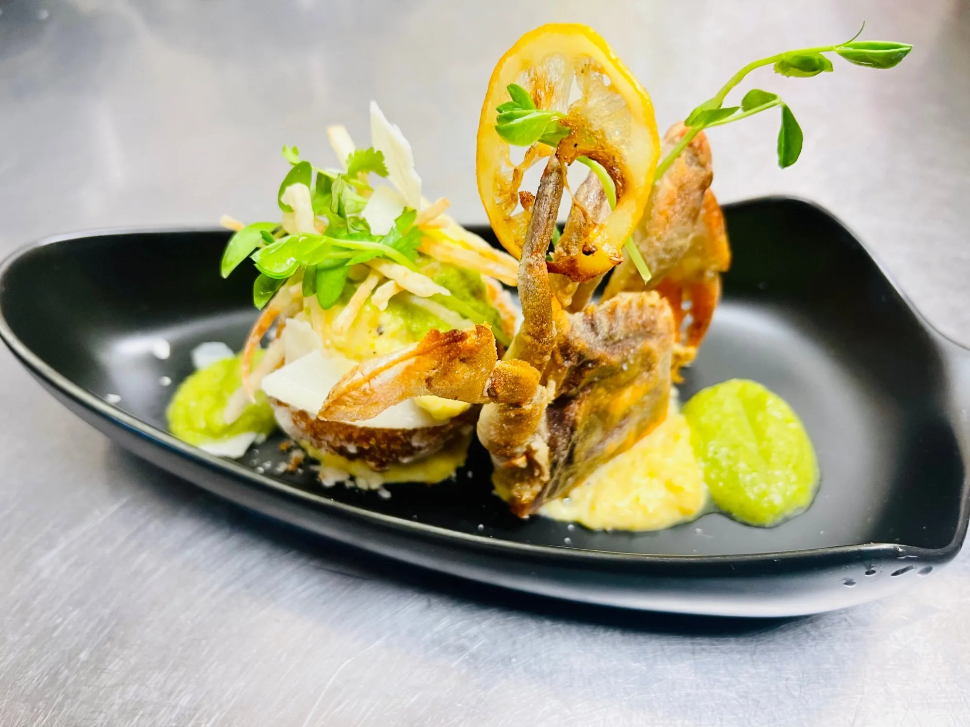 Soft-shell crab with sweet corn purée — one of Chef Miguel’s seasonal specials.